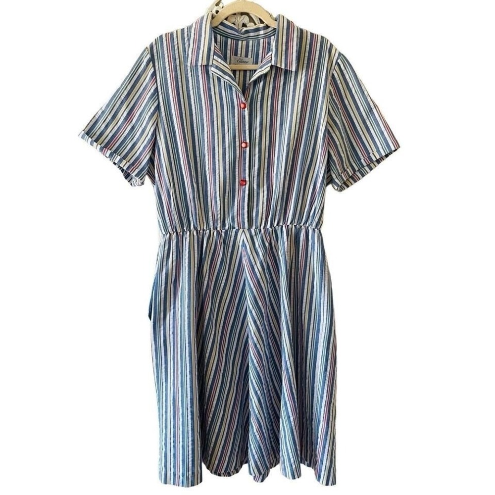 D1 Vintage Elinor Carolina Maid Striped Seersucker Midi Dress Blue Red 70s 80s L
